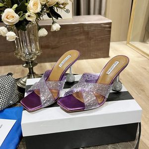 Cancamini estivi pantofole di cristallo muli sandali femminili scivolano scarpe con tacco alto Rhinestone PU Slip Slip-Toe Opte-Toe Luxury Designer Street Style Scarpe di fabbrica