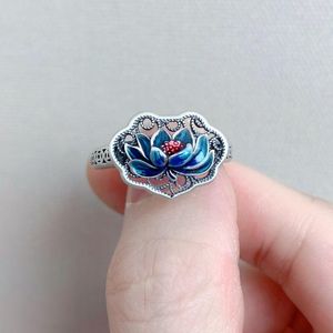 Clusterringe 925 Sterling Silver Vintage Blue Lotus Ring Filigree Craft Chinesische Stil Blume Einstellbarer Öffnung Schmuck für Frauen JZ121