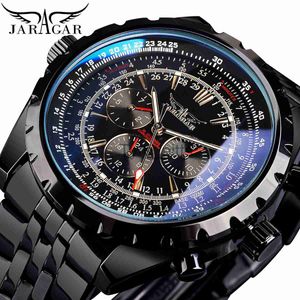 Other wearable devices Jaragar Blue Glass Design Black Silver Automatic Watch Stainless Steel Date Clock Luminous Men Business Mechanical Wristwatch x0821