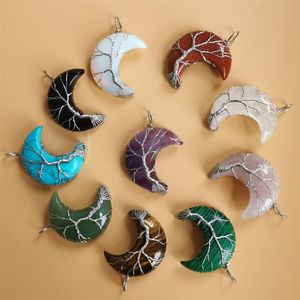 10pcs Lot Tree of Life Crescent Księżyc Wiselant Silvertone Wire Wrap Naturalne kamienie szlachetne Kryształ Kobiety Naszyjnik 251Z