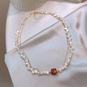 Chains Arrival Elegant Natural Freshwater Pearl & Square Strawberry Quartz 14K Gold Filled Female Necklace Jewelry For Women Gifts