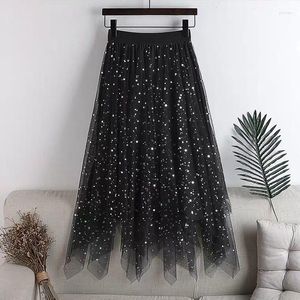 Skirts Star Sequin Irregular Gauze Skirt Elastic High Waist A-line Women Tulle Mesh