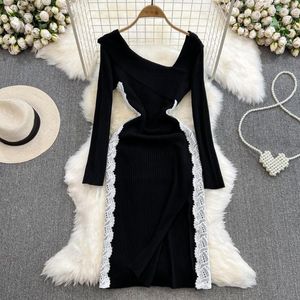 Lässige Kleider koreanische Modekleid für Frauen Asymmetrie Collor Patchwork Bodycon Vestidos Langarm Femme Elegantes Dropship