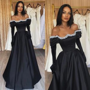 Elegant black prom dresses pearls off shoulder A line party evening dress pleats Formal Long dresses for special occasions