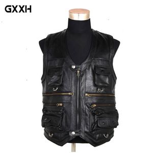 7xl 2018新しい男性チョッキ純粋な革のレポーターはポケットQuinquagenarian Men Cow Leather Vest Tops Brands315L以上のスーツ