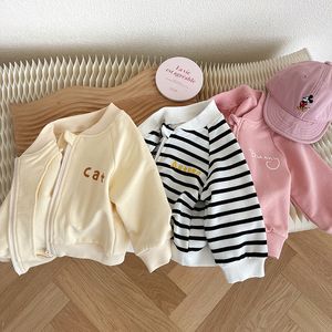 Jackets Lovely Baby Boy Girl Baseball Jacket 0-4Years Toddler Kids Long Sleeve Zipper Cartoon Pattern Striped Coat Active Spring Clothes 230817