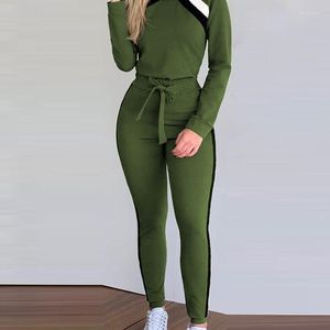 Women's Two Piece Pants Clothing Green Suit O Neck Full Sleeve Top Lace Up Pencil Solid Color Autumn Elastic Waist Ankle Length