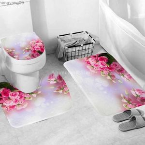 Shower Curtains Pink Rose Scenery Shower Curtains Flower Bathroom Curtain Bath Sets Toilet Cover Mat Non-Slip Washroom Rug Set Modern 180x180cm R230821