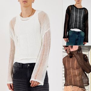 Erkek Sweaters Bahar Sonbahar Sweater Tişörtler Erkekler İçin Elastik İçi Boşluk Slinghtly Şeffaf Uzun Kollu Gevşek Çok Yönlü Örgü Tees Tops 230821