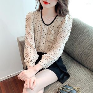 Blouses feminina Moda Blusa 2023 Autumn Elegant and Youth French Polka Dot Puff Sleeve Chiffon Camisa Roupas para mulheres