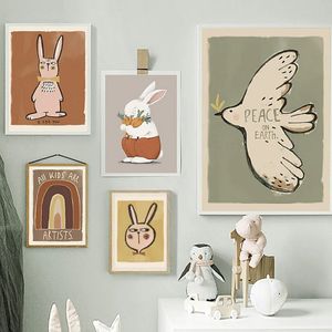 Картина холста мультфильм кролик голубь радужный слон Алфавит Стенная стена Смешные плакаты с животными Печать искусства Детские Дети Детская спальня декор без кадры WO6