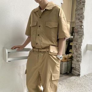 Herren-Trainingsanzüge Frühlings- und Sommer Mode Japaner Retro Workstil Trend einteiliger Anzug loser Revers fünfminütiges Hemd-Hemd Jumpsuit