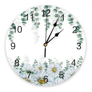 壁の時計ユーカリの牧歌的な牧歌的な植物フラワーデイジー大きな時計ダイニングレストランカフェ装飾丸い家の装飾