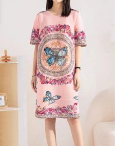 Luxury ISSEY2023 New Butterfly Blue and White Porcelain Print Beaded Round Neck Short Sleeve Pleated Dress