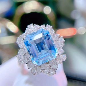 Cluster Rings Guild HN2023 Aquamarine Ring Fine Jewelry Pure 18K Gold Natural 3.94CT Blue Gemstones