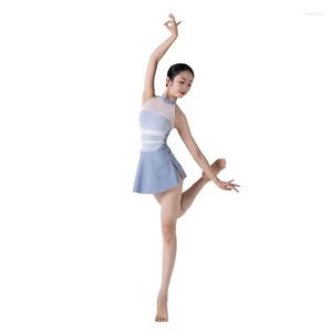 Stage Wear Girls Women Dance Leotards Gauze Turtleneck Ballet Bodysuit Cap Sleeve Open Back Gymnastics Jumpsuit Pink Blue Summer A Set