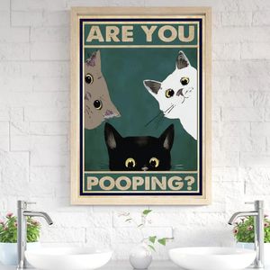 Canvas Painting Funny Toilet Quote Are You Pooping Art Wall Print Cute Black White Cat Poster And Prints Retro Toilet Bathroom Washroom Home Decor No Frame Wo6