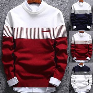 Herrtröjor Fashion Men randig tröja Pullover färgblock lapptäcke o hals långärmad stickad tröja toppblus för varma mäns kläder 230821