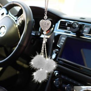 Interior Decorations Bling Car Mirror Accessories For Women Love Heart And Pink Plush Ball Rinestones Crystal Diamond Drop Delivery Dhf5N