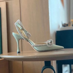 Satin bow pumps Dress shoes Crystal Embellished Evening shoes stiletto heels sandals women Luxury Designers ankle strap factory footwear