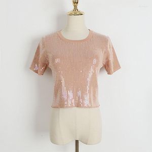 Camiseta de camiseta de lantejoulas rosa feminino Tops de verão 2023 pescoço reundo