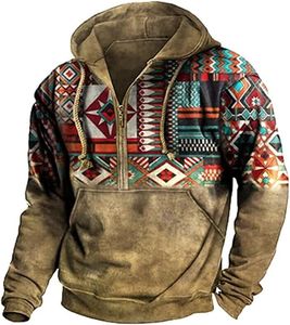 Mäns hoodies tröjor Western Aztec Hoodies för män Etnisk tryck Grafisk halv zip pullover Sweatshirts 230818