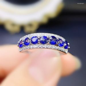 Pierścienie klastra Naturalny prawdziwy niebieski szafir okrągły pierścień 0,15ct 7pcs kamień szlachetny 925 Srebrny srebrny biżuteria J228225