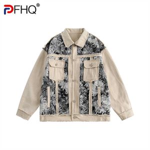 Herrjackor PFHQ China-Chic High Street Flower Jacquard Splice Jackets Men's Autumn Loose Cotton Outdoor Heavy Industry Sports Coat 21Z1955 J230821