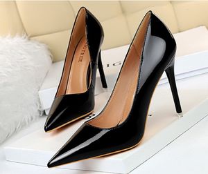 New Fashion Simple Slim Heel Super High Heel Shiny Lacquer Leather Shallow Mouth Pointed Head Sexy Slim Women's Single Shoe Size 34-43