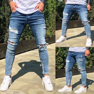 Mens cool dragkedjedesigner blå jeans mager rippade smala fit hopphoppbyxor med hål för män330b