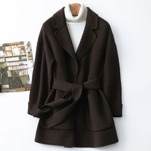 여성 양모 블렌드 낙타 더블 사이드 캐시미어 코트 짧은 작은 하이 엔드 100 순수 디자이너 코트 따뜻한 코트 세련된 겉옷 83