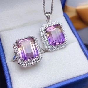 Clusterringe 925 Silber Eingelegtes Amethyst Crystal Ring Anhänger Set Ladies Schmuck luxuriös und edel