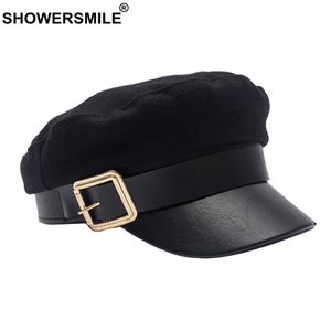 Berets Showersmile Wool Caps Winter Black Captain Hat Women skóra Płaska damska elegancka klasyczna Brytyjska Baker Boy Cap 230821