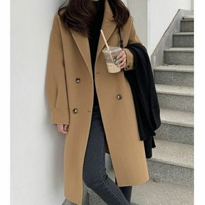 Damen Wolle Mischungen Frauen Wolle Mantel mit mittlerer Länge Lose Turnenkragen Outwear verdicken warme Outcoat Fashion Casual Parkas 230818