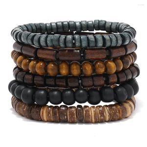 Strand Set Of 6 Black Handcrafted Beaded Pu Leather Bracelets Men's Multi Pack Fashion Retro Woven Birthday Gift