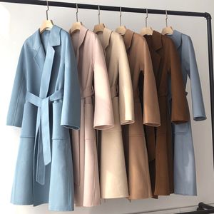 Womens Wool Blends Korean Women Handmade Hepburn Corrugated Water Ripples Coat Doublesided Cashmere Long Woolen Jacket Max 230818