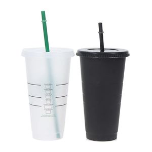 710ml Black White mug Straw Cups With Lid Color Change Coffee Cup Reusable Cupses Plastic Tumbler Matte Finish Coffee mugs