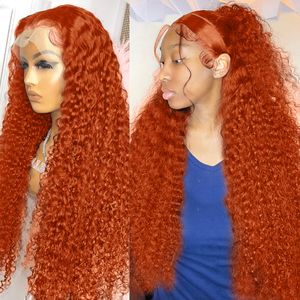 220%density 30 Inch Ginger Orange Loose Curly Transparent Lace Front Human Hair Wig Deep Wave Colored 13x4 Lace Frontal Wigs for Women