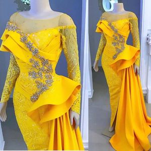 Prom Party Gown Evening Dresses Girl Formal Mermaid Long Sleeve Crystal Beaded Zipper New Custom Plus Size Floor-Length O-Neck Satin Lace Yellow