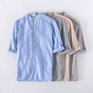 Men's Casual Shirts Mens Pullover Cotton Linen Short Sleeve Mandarin Collar Shirt Dress Slim Fit Men Chemise Homme TS-354