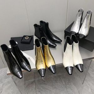 2023 Designer Luxury Pure Color Pointed Boots Womens 100% Leather Outdoor Party Chelsea Ankel Boot Ladys Sexig modekomfort Svettande Högklackade skor Storlek 40