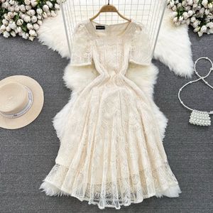 Premium Light Luxury Dress Temperament Bubble Short Sleeves Square Neck Slim Mid length A-line Lace Dress