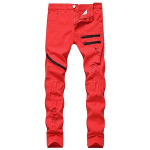 Mäns jeans 2021 män staplade rippade manliga blixtlås vinter denim raka benbyxor smala fit pojkvän streetwear vit röd bl293s