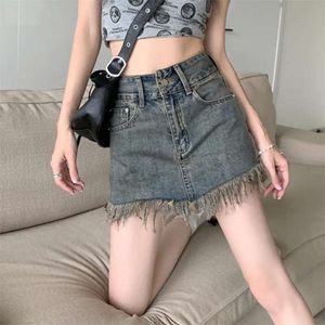 Hong Kong utformad hög midja denim kjol för kvinnor sommar vintage babes som flyter skägg rå kant en linje