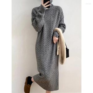 Casual Dresses Turtleneck Twist Women Knitted Dress 2023 Autumn Winter Thick Loose Straight Long Sleeve Solid Color Sweater
