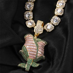 Halskette mit 3D-Rosen-Anhänger, Iced Out, Zirkon, vergoldet, Herren-Hip-Hop-Schmuck, Geschenk