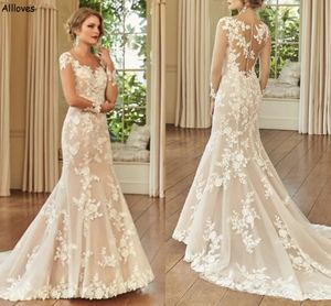 Graceful Lace Appliqued Mermaid Wedding Dresses Sheer Neck Illusion Long Sleeves Elegant Bridal Gowns Boho Beautiful Buttons Back Reception Dress For Bride CL2733