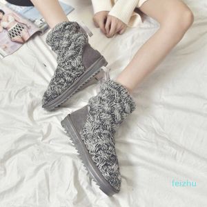 Snow Boots Female Creative Korean Version Of The Student Needle Knitting Wool Velvet Thickened Non-slip Winter Tall Gray Cotton Shoes
