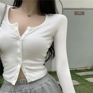 Kvinnors stickor Tees Korean Style Oneck Kort stickad tröja tunn Cardigan Fashion Open -knapp upp långärmad Crop Top T -shirt Kvinnor 230821