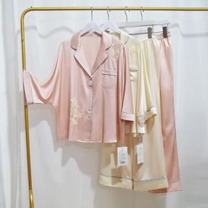 Women's Sleepwear Minority Design Heavy Silk Pajamas Suit Bat Sleeve Lace Elegant Two Piece Mulberry Home Clothes Plus Size Lingere
